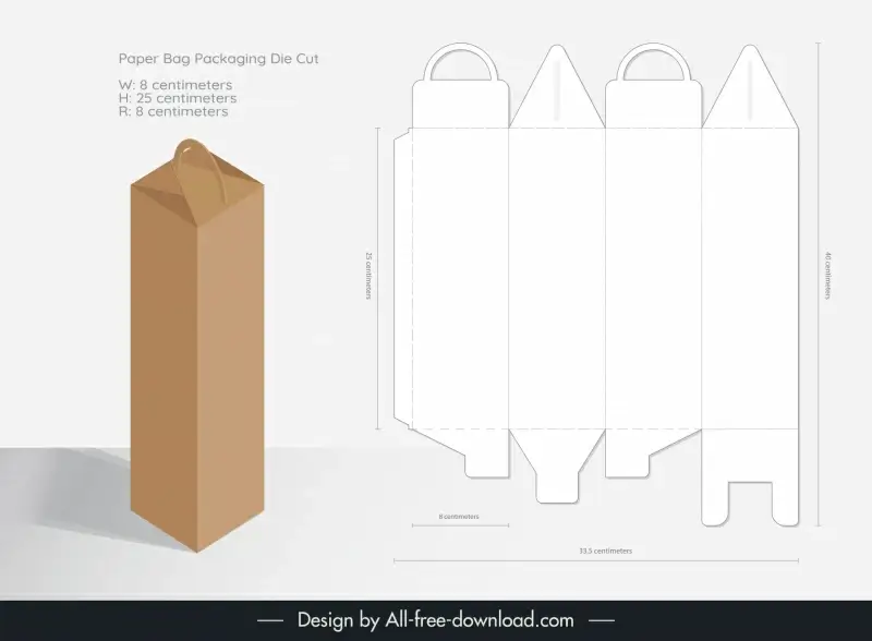 paper bag packaging template vertical mockup and die cut shapes design modern flat 3d sketch