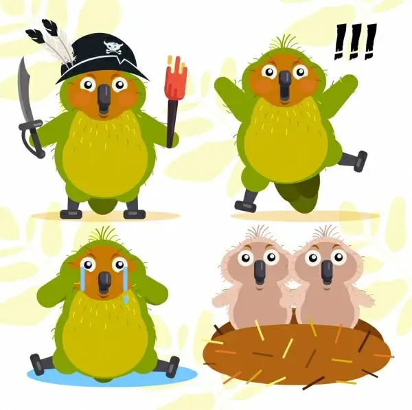 parrots icons cute stylized cartoon design