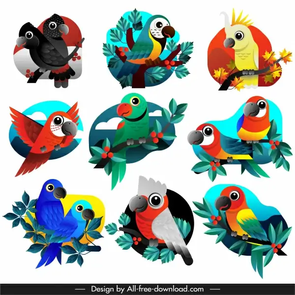 parrots species icons colorful flat sketch