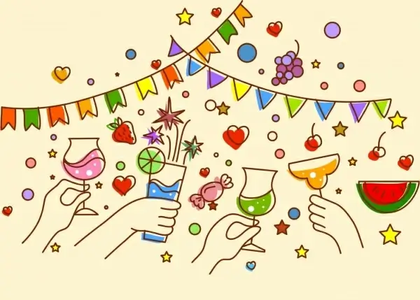 party background cheering hands glasses ribbon handdrawn design