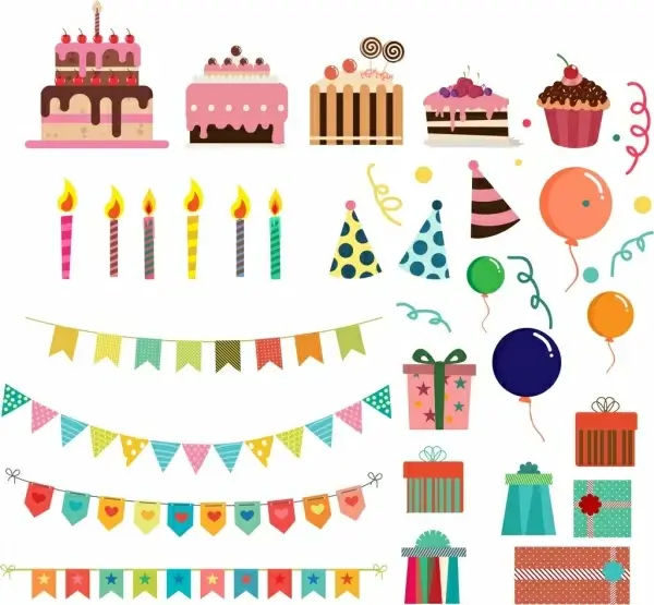 party design elements cakes candle ribbon gift icons
