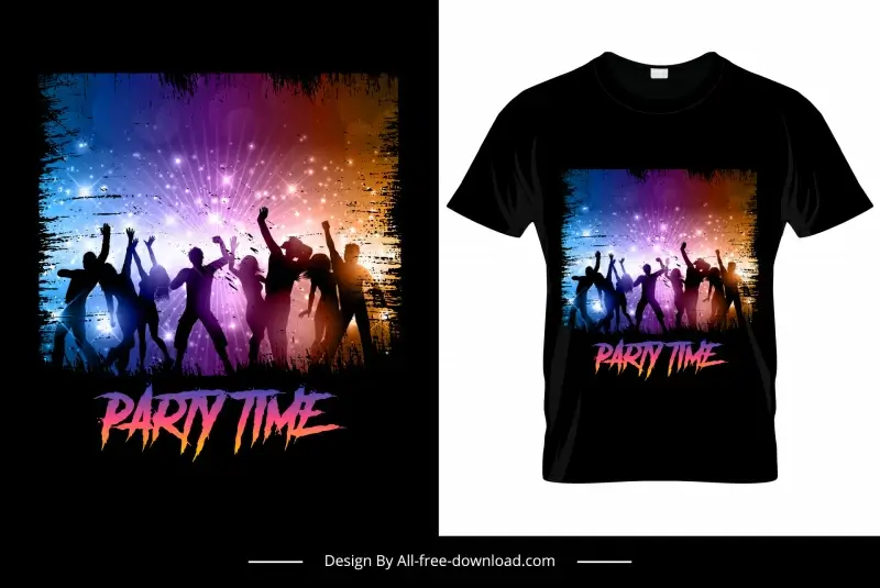 party time tshirt template dynamic silhouette design excited people fireworks sketch