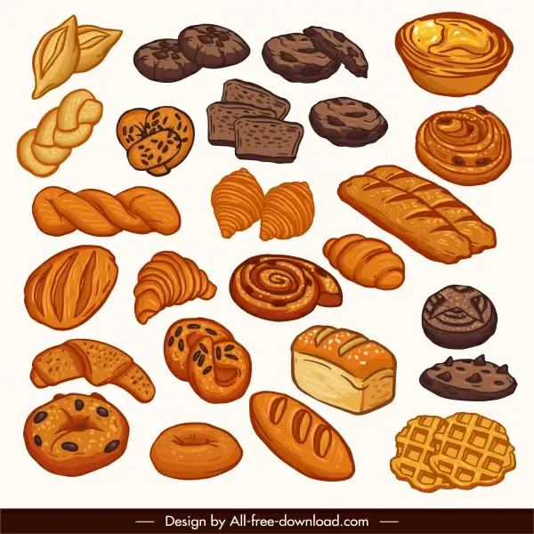 pastry design elements bread cakes sketch retro handdrawn