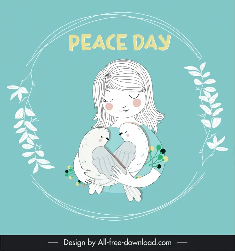 peace day banner template cute handdrawn cartooon girl pigeon leaves decor