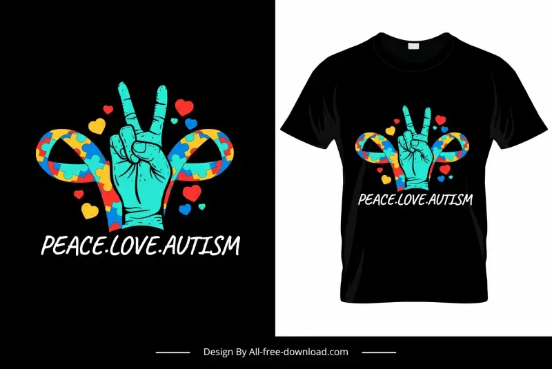 peace love autism tshirt template victory autism sign hand sketch dark design 