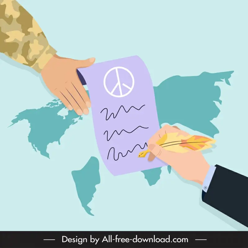  peace negotiating agreement backdrop signing hands world map sketch