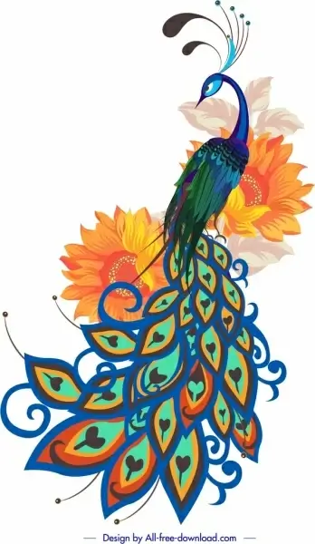 peacock painting colorful handdrawn sketch petals decor