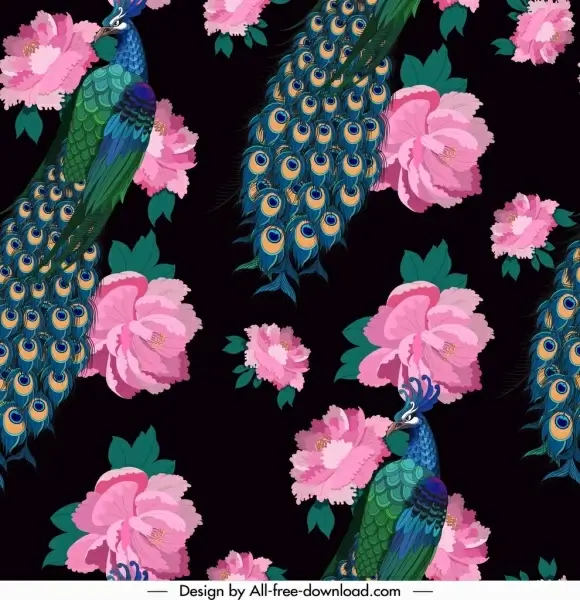 peacocks pattern dark colorful elegant decor repeating design