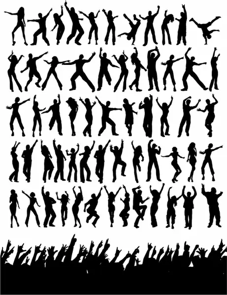 music party design elements silhouette dancers spectators icons