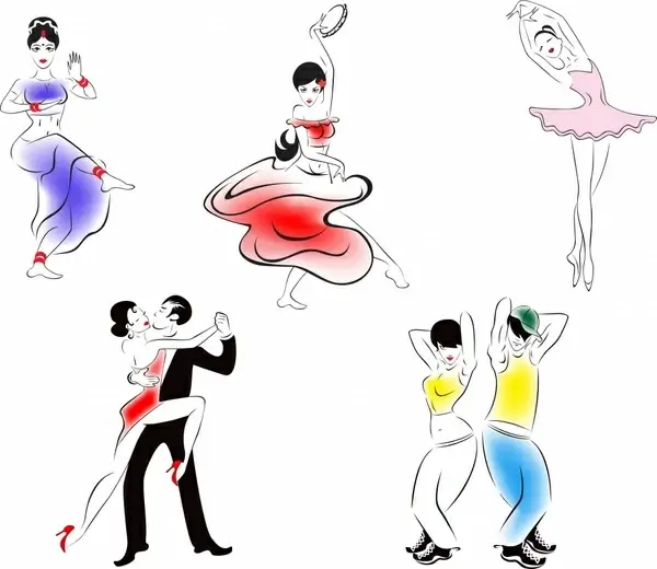 dancing icons colored dynamic design handdrawn sketch
