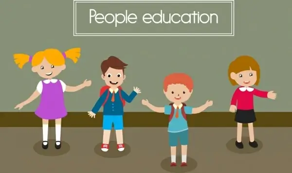 people education banner colored cartoon joyful pupils icons