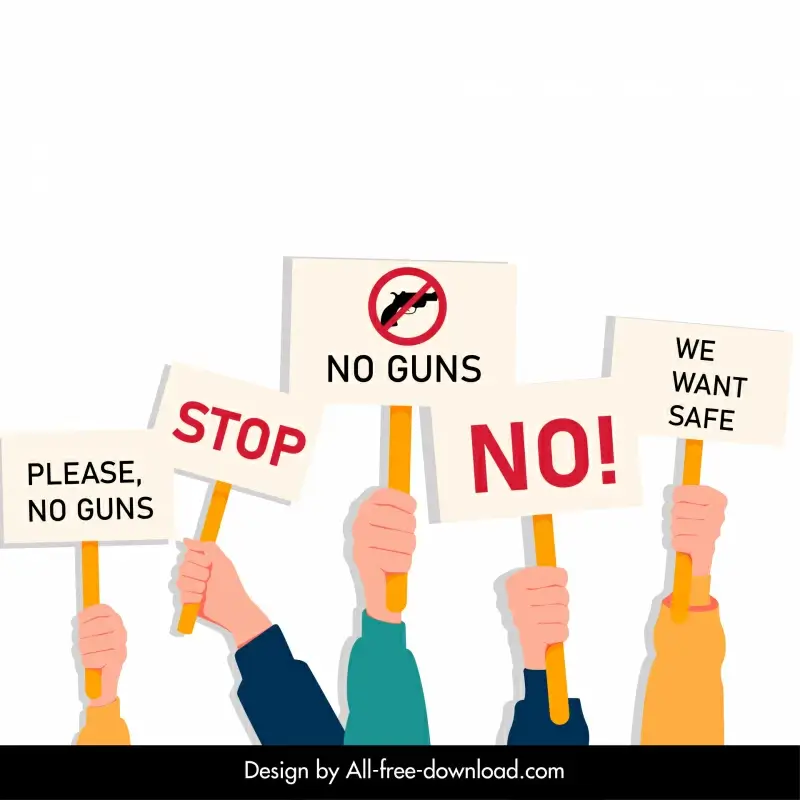 people raise board against guns banner flat cartoon sketch