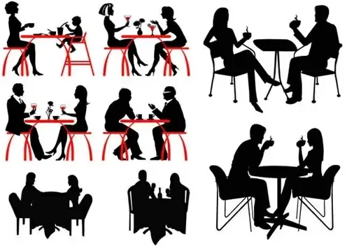 dinner gather icons people silhouettes design