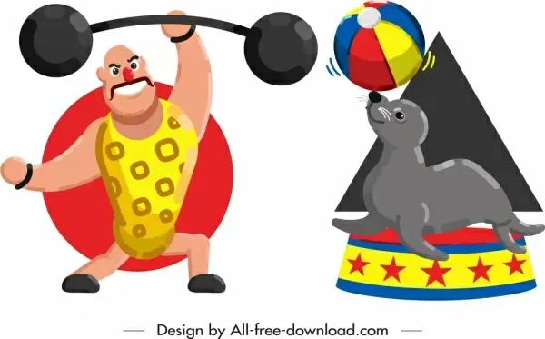 performing athlete seal icons colored cartoon characters