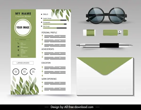 personnel resume template green white leaves decor