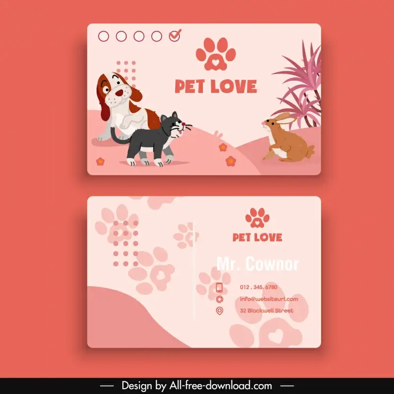 pet care business card templates cute cartoon animals