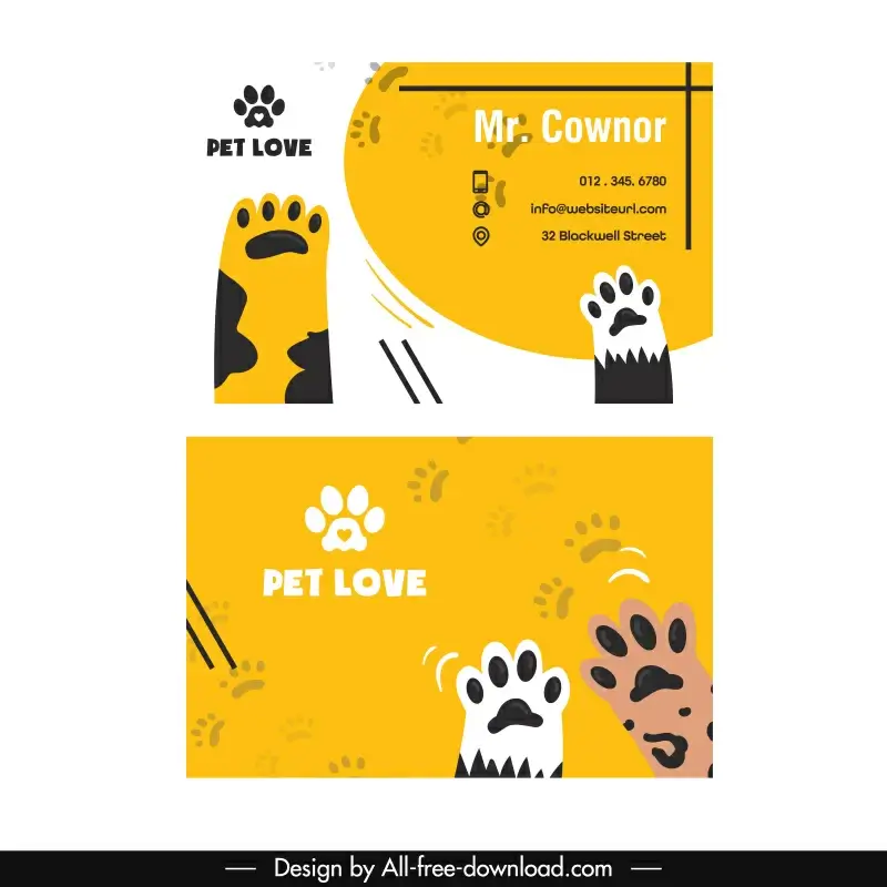 pet care business card templates flat dynamic cat paws
