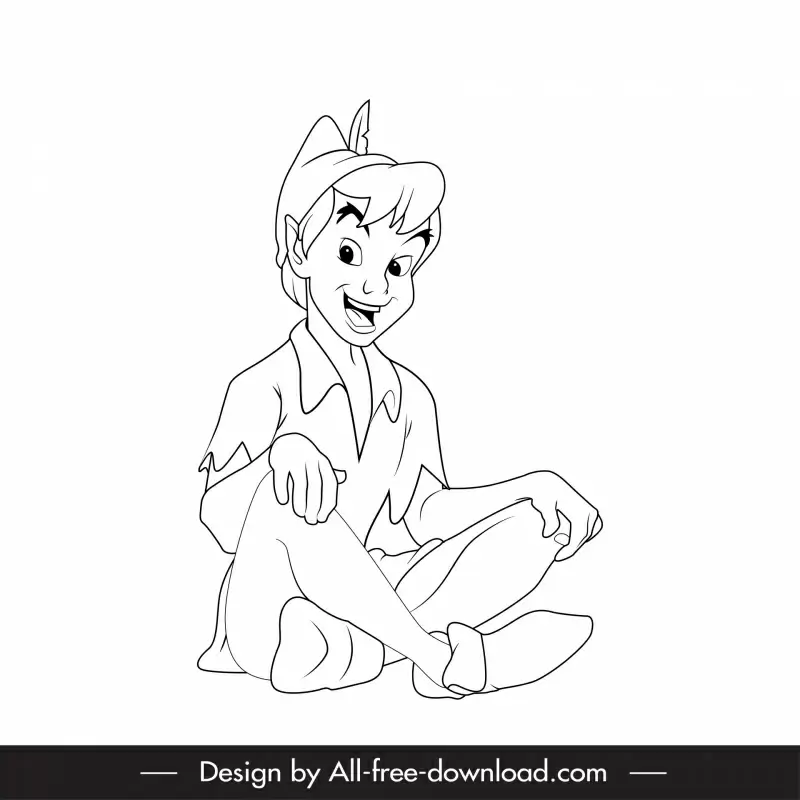 peter pan cartoon character icon black white handdrawn sketch outline sitting gesture 