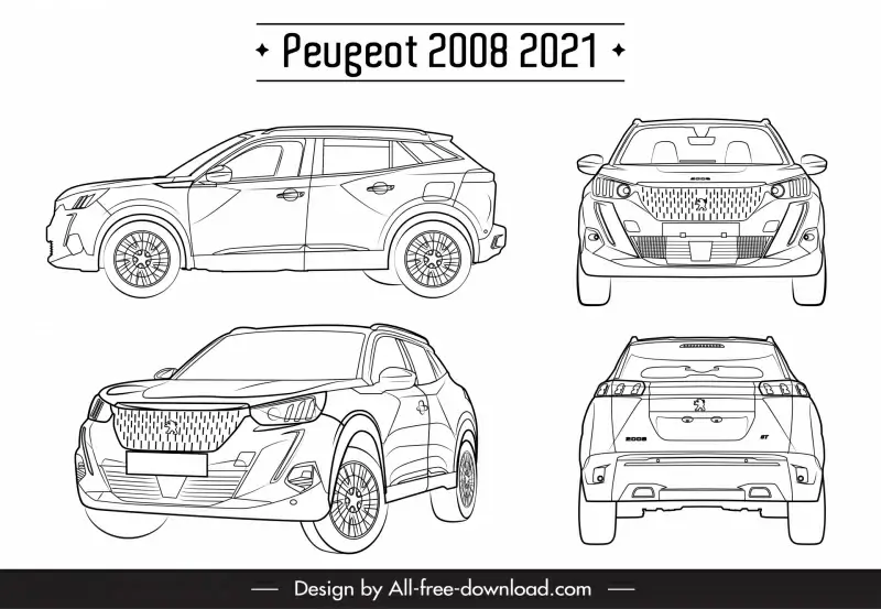 peugeot 2008 2021 car advertising template black white handdrawn different views outline