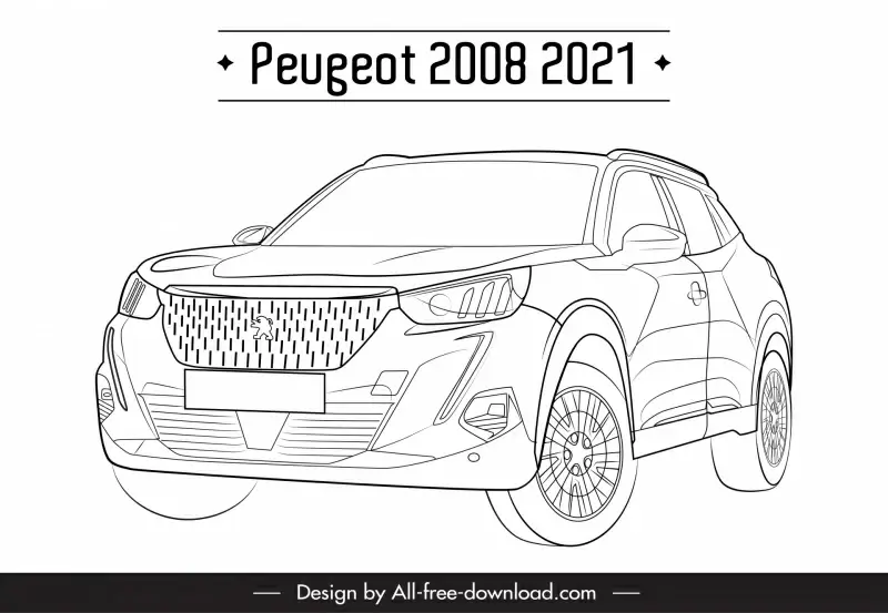 peugeot 2008 2021 car model icon black white tilt angle view sketch 3d handdrawn outline