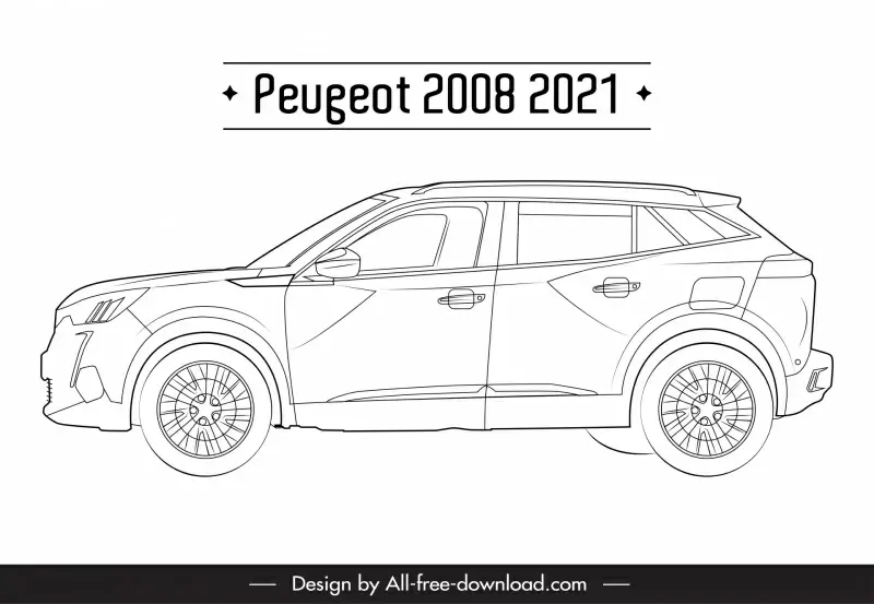 peugeot 2008 2021 car model icon flat black white handdrawn side view outline