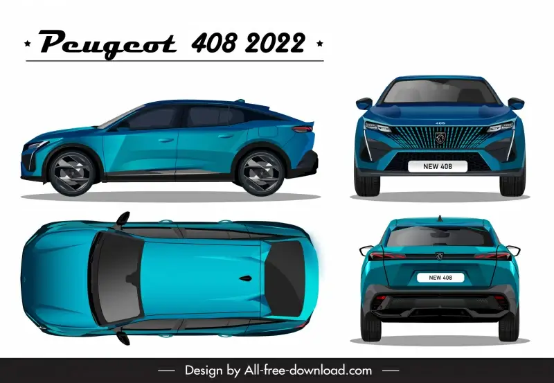 peugeot 408 2022 car model advertising template modern different views sketch