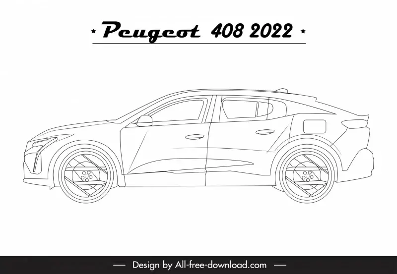 peugeot 408 2022 car model icon flat black white handdrawn side view outline