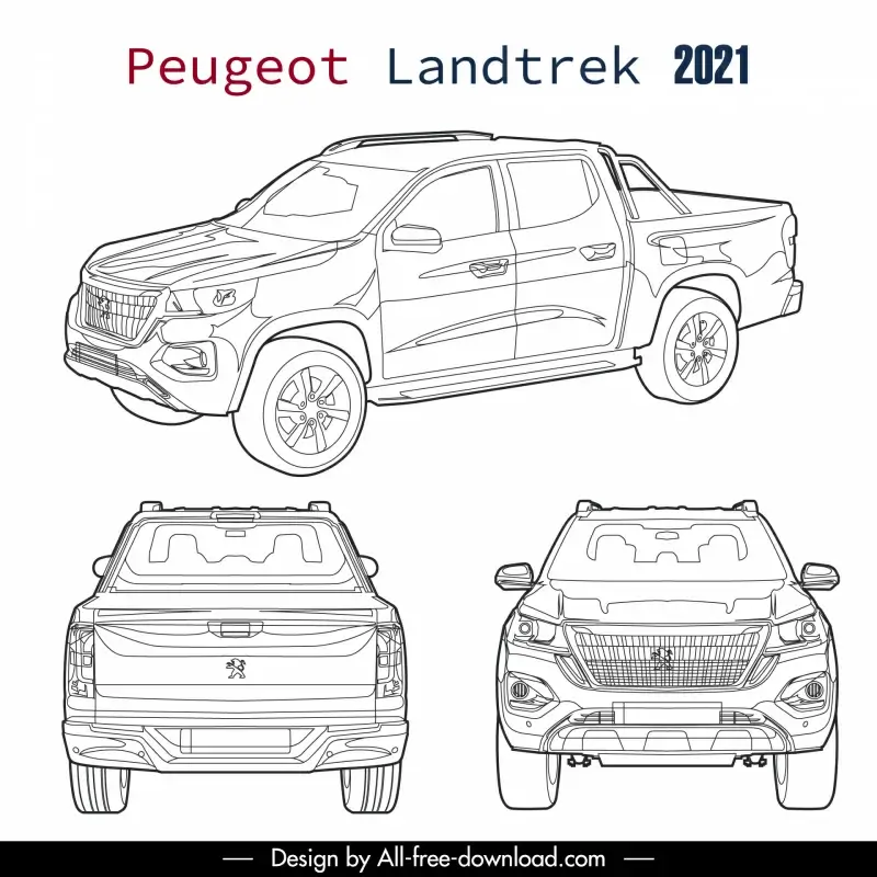 peugeot landtrek 2021 car model advertising template black white handdrawn different views outline  