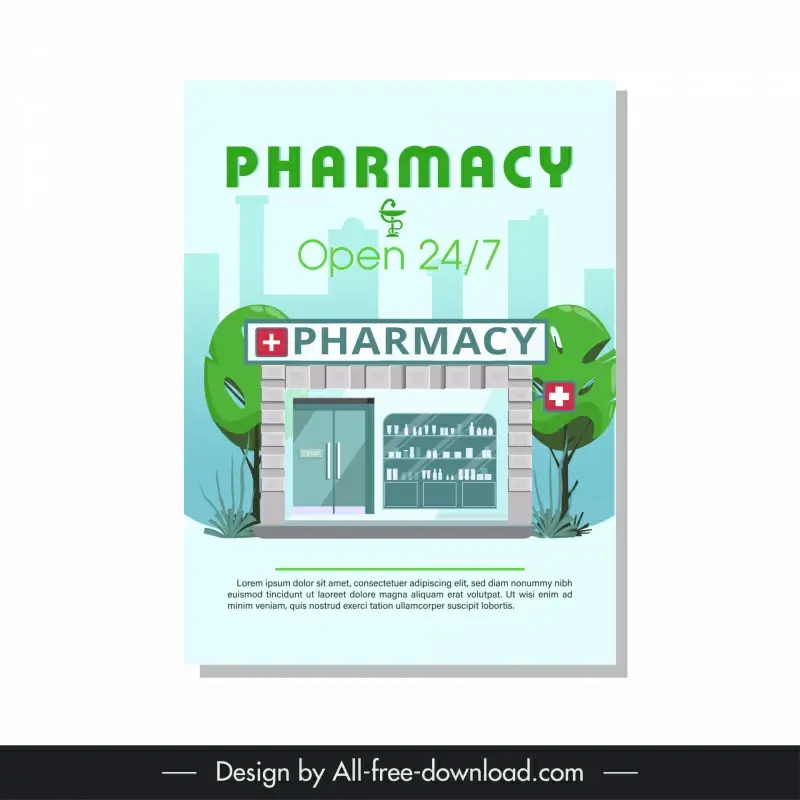 pharmacy poster template drugstore architecture sketch elegant flat design