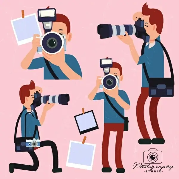 photographer icons various gestures colored cartoon