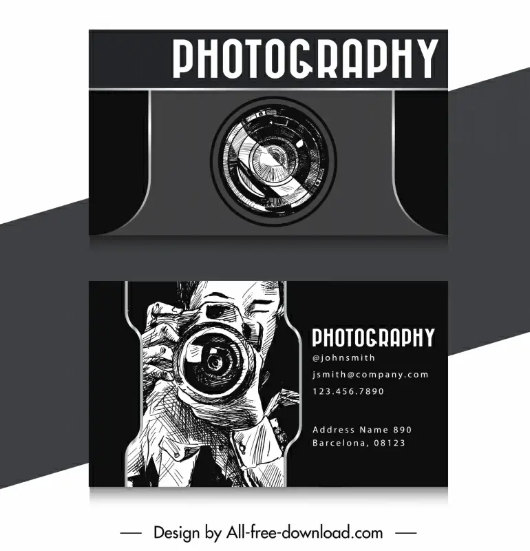 photopgraphy business card template dark retro handdrawn cameraman