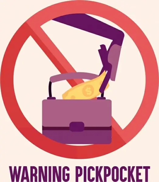 pickpocket warning signboard circle hand purse icons