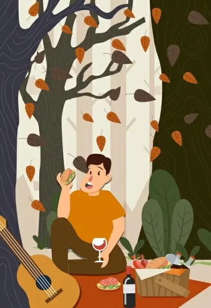picnic background eating man falling leaves colored cartoon