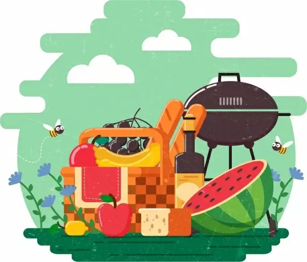 picnic design elements fresh fruits wine barbecue icons