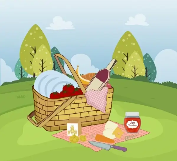 picnic painting colored static design basket food icons