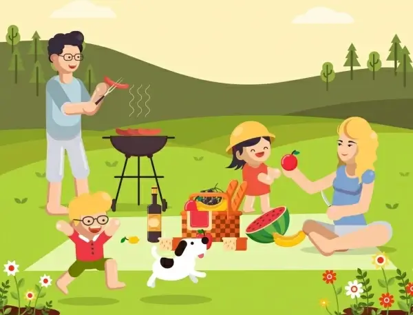 picnic painting joyful family food barbecue icons decor