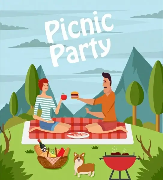 picnic party drawing couple icon colored cartoon design