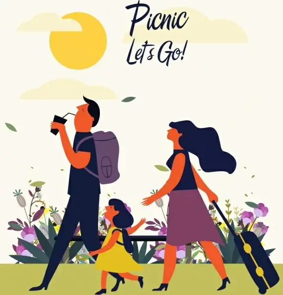 picnic poster family icon colored cartoon design