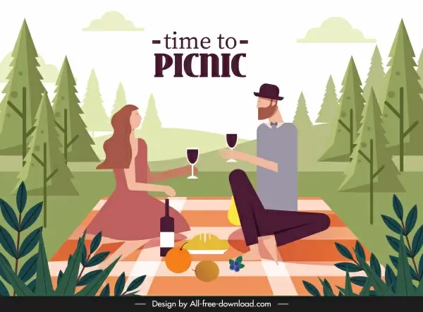 picnic time banner colored cartoon characters sketch