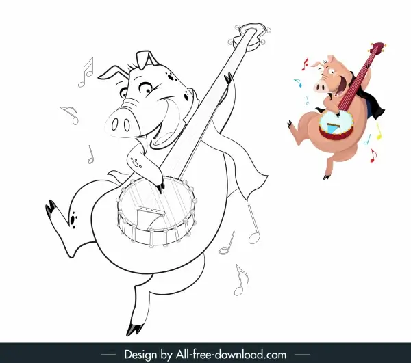 pig playing guitar icon funny cartoon handdrawn sketch