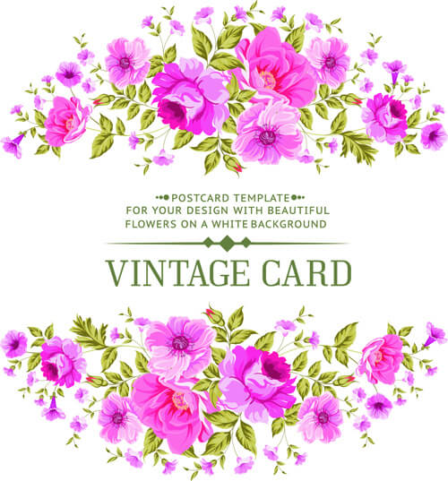 pink flowers vintage card vector
