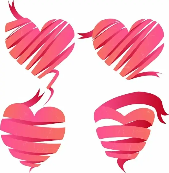 pink hearts icons 3d twisted ribbons sketch