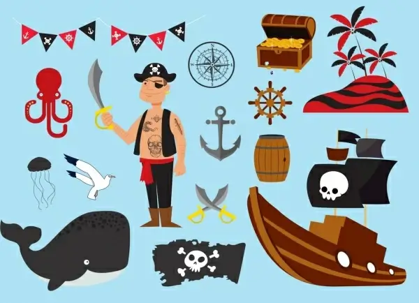 pirate design elements colored cartoon icons