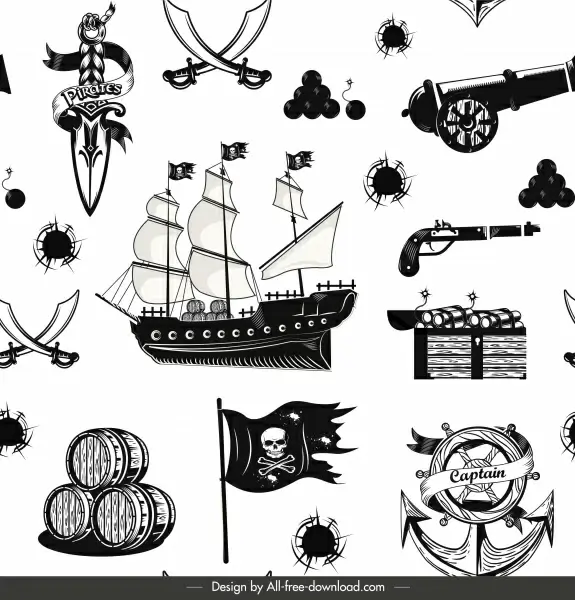 pirate pattern template black white classical symbols sketch