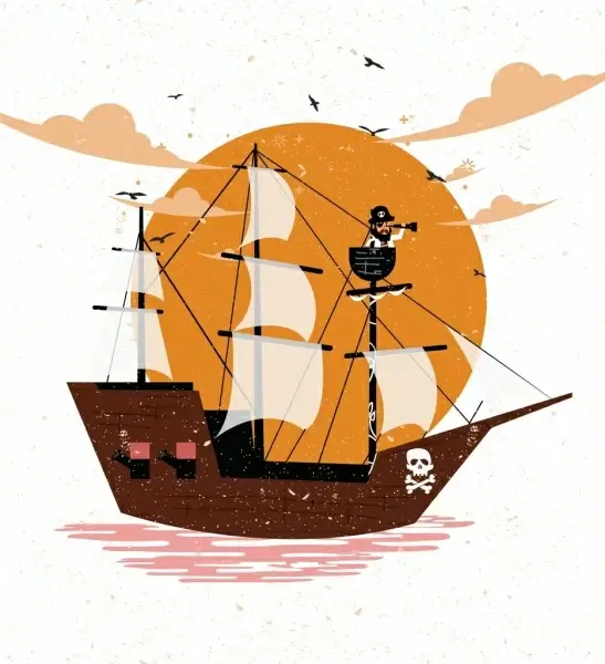 pirate ship drawing colored retro design