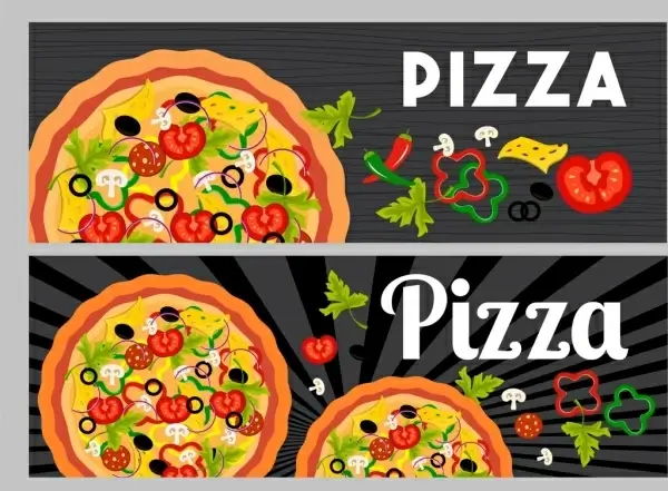 pizza advertisement sets flat colorful design ingredient icons