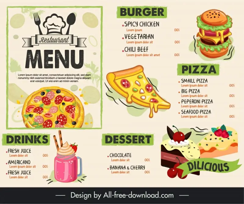 pizza and desserts restaurant menu template flat classic handdrawn