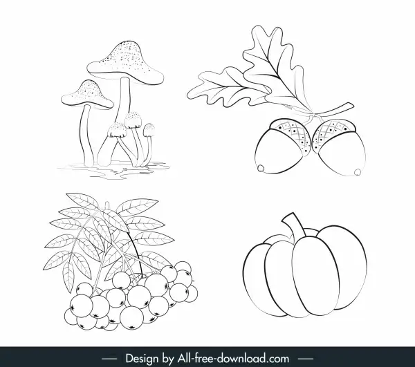 plant icons handdrawn mushroom fruits chestnut sketch