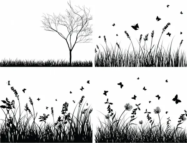 nature paintings classical black white tree grass flower