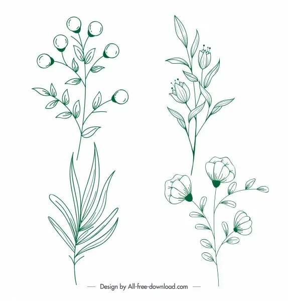 plants icons green flat handdrawn leaf flora sketch
